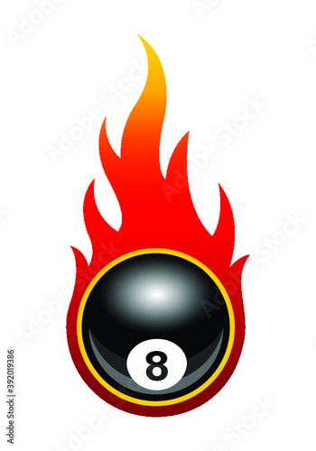 Vector illustration of billiards pool snooker 8 ball with simple flames. Ideal for stickers, decals, sport logo design element and any kind of decoration.