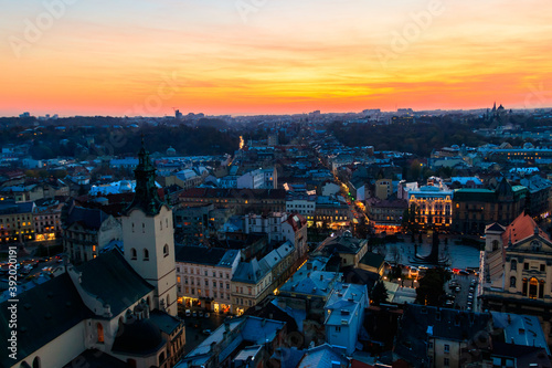 Aerial view of Latin cathedral and Rynok square in Lviv  Ukraine at sunset. View from Lviv town hall