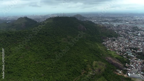Aerial landscape of the Fonte Grande State Park and the city of Vitoria. Video recorded Vitoria, Espirito Santo in 2020.