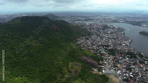 Aerial landscape of the Fonte Grande State Park and the city of Vitoria. Video recorded Vitoria, Espirito Santo in 2020.