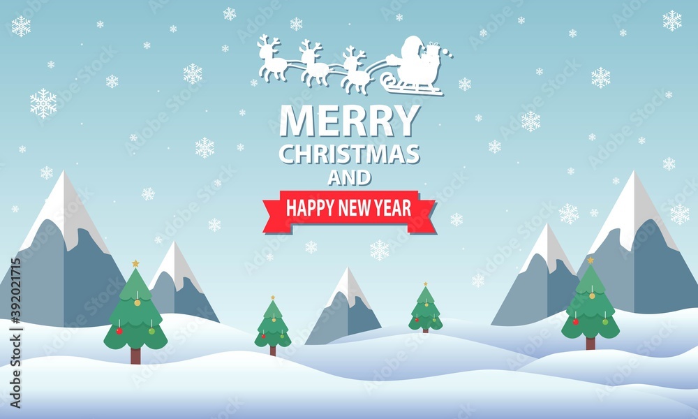 Merry Christmas and happy new year, vector Illustration background.  include santa, deer, tree, snow, etc. good for banner, card, book, gift, and happiness.
