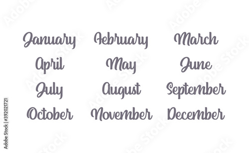 Handwritten names of months: December, January, February, March, April, May, June, July, August, September, October, November. Calligraphy words for calendars and organizers.
