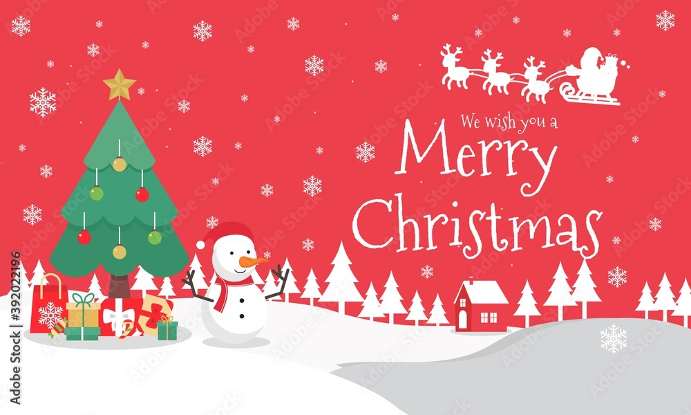Merry Christmas vector Illustration on color background.  include Snow man wearing Hat scarf and winter glove, santa, deer, tree, snow, etc. good for banner, card, book, gift, and happiness