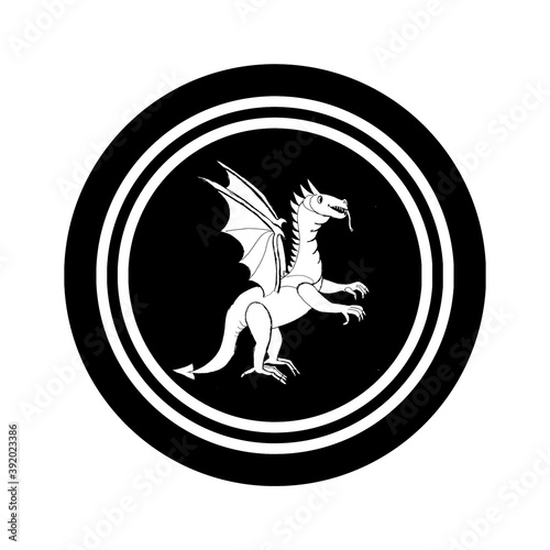 Coat of arms - a symbol with a winged dragon in a circle in black and white