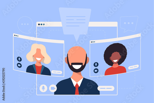 businesswoman chatting during video call business woman with chat bubble speech in computer window communication online conference concept portrait horizontal cartoon flat vector illustration