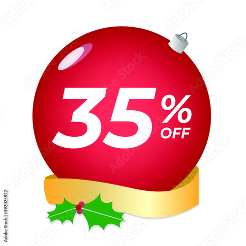 35% off. Thirty-five percent discount. Christmas sale banner. Red bubble with ornaments on a white background vector.