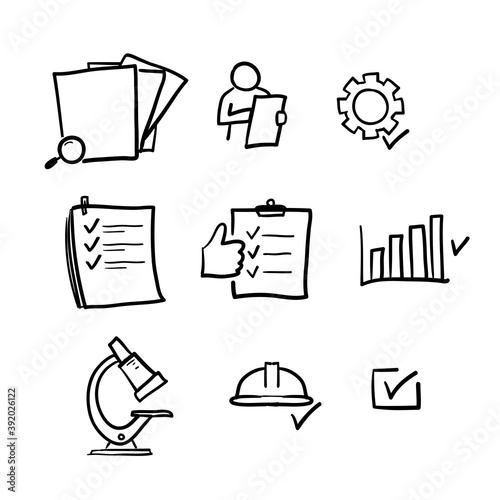 hand drawn Simple Set of Inspection Related Vector Line Icons. Contains such Icons as Check, Testing, Examination and more in doodle cartoon art style
