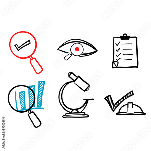 hand drawn Simple Set of Inspection Related Vector Line Icons. Contains such Icons as Check, Testing, Examination and more in doodle cartoon art style