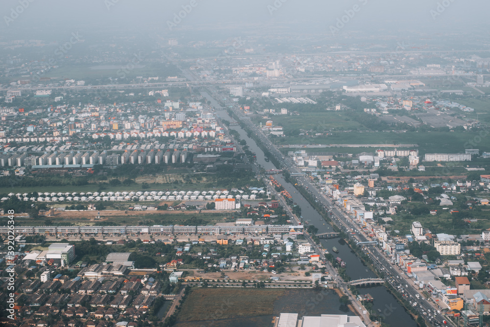 Aerial view of Bangkok, Thailand. Fields and rivers. Bird's-eye view.