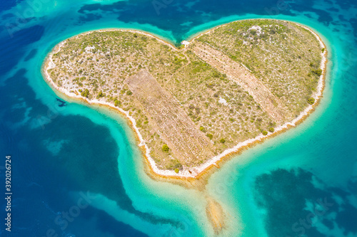 Aerial view of the amazing heart shaped island of Galesnjak, beautiful Adriatic coastline in Dalmatia, Croatia