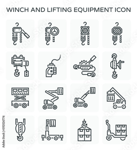 Winch icon and other lifting equipment icon such as scissor lift, cherry picker, reach stacker etc for vary work and industry such as construction, production, rection, maintenance and warehousing. 
