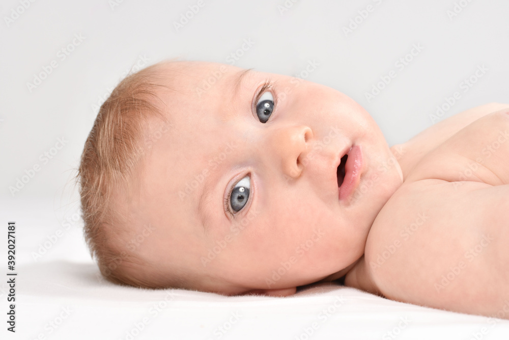 Portrait of adorable, caucasian baby girl or boy lying on white blanket, looking at camera, on white background. Healthy skin. Baby care concept. Portrait of adorable, caucasian baby girl or boy lying on white blanket, looking at camera, on white background. Healthy skin. Baby care concept.