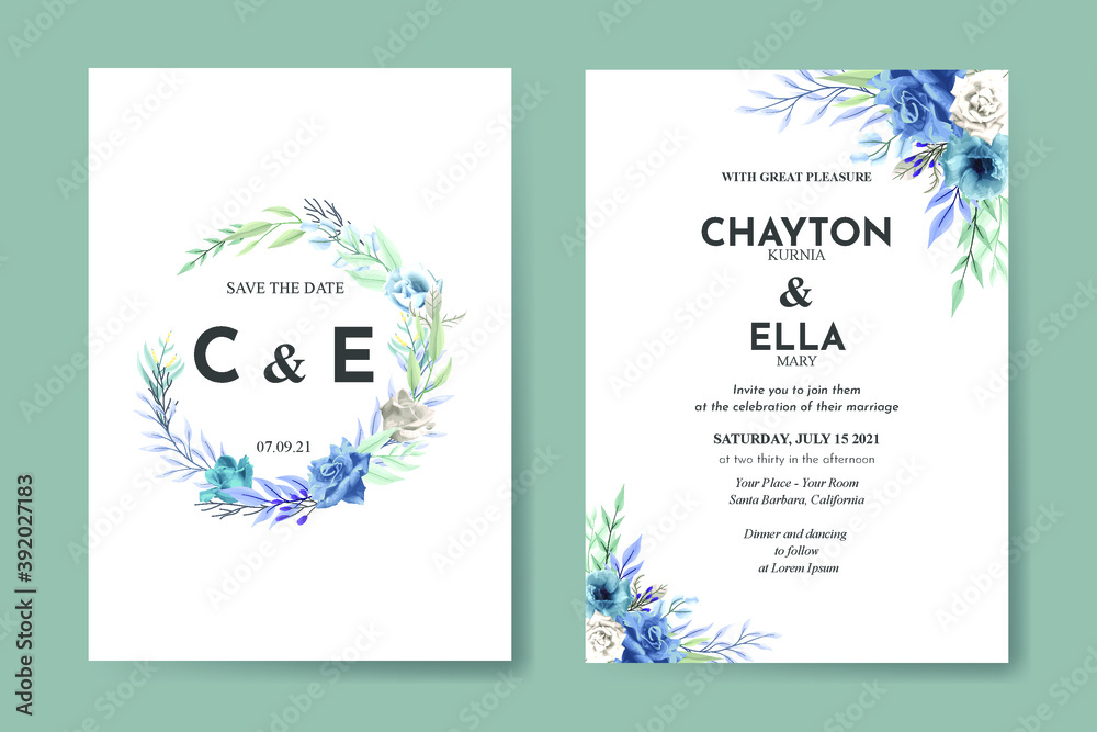 Wedding invitation template with blue rose flower set
