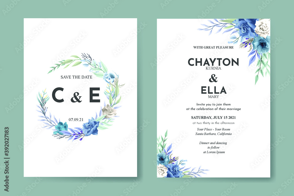Wedding invitation template with blue rose flower set
Wedding invitation template with blue rose flower set