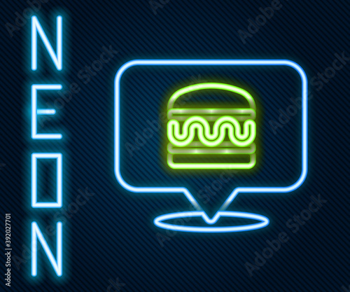 Glowing neon line Online ordering and burger delivery icon isolated on black background. Colorful outline concept. Vector.