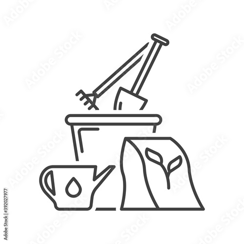 Planting plant icon in flower pot. A simple line drawing of a flower pot, fertilizer, watering can, and inventory. Isolated vector on white background.