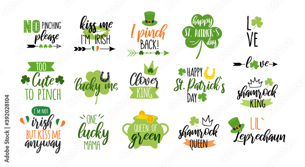 St Patricks day stickers icons design. Shamrock, clover, leprechaun. Vector