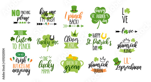 St Patricks day stickers icons design. Shamrock, clover, leprechaun. Vector