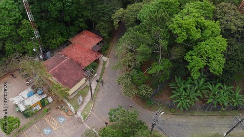 Aerial view of the headquarters of the Fonte Grande State Park. Video recorded in Vitoria, Espirito Santo, in 2020.
