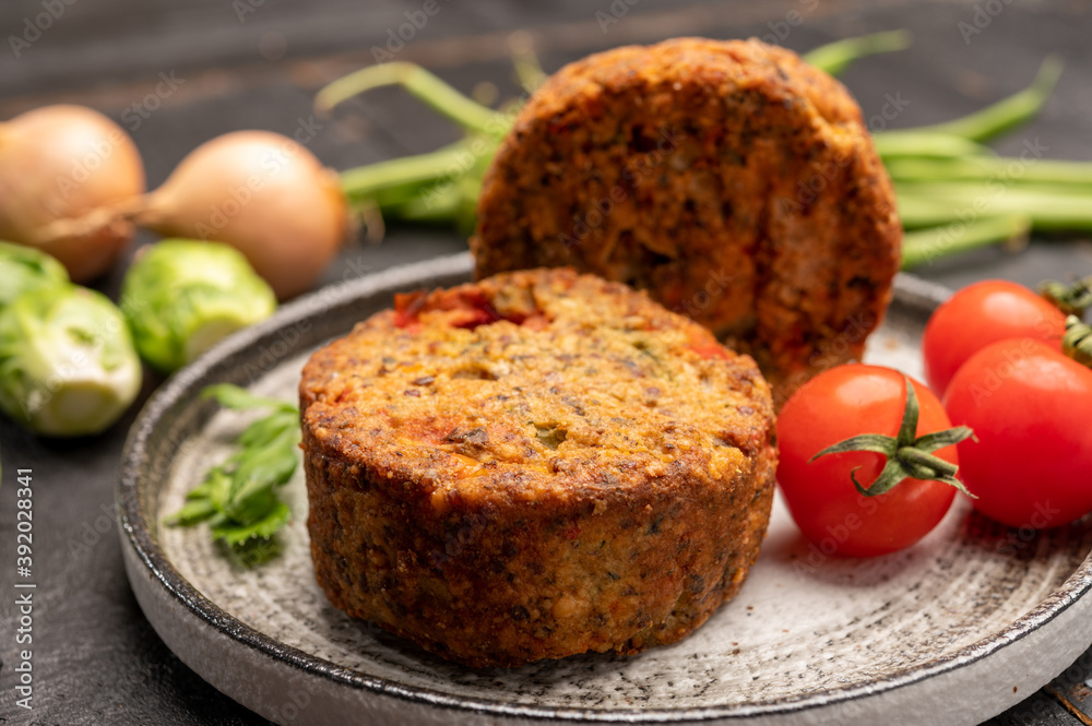 Fresh veggie burgers made from vegetables, beans and legumes, tasty vegan food
