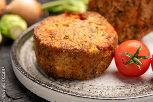 Fresh veggie burgers made from vegetables, beans and legumes, tasty vegan food