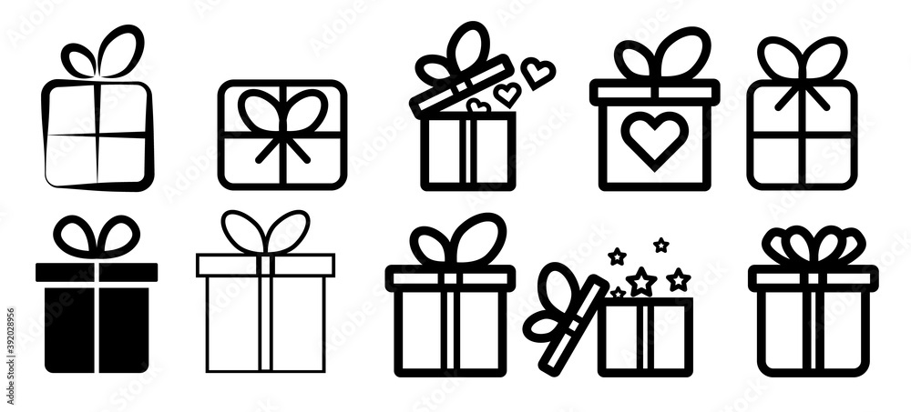 Set of gift box icons, such as Gift box, present, package, price tag, gift card. Vector outline stroke symbols for christmas, New Year surprise design. Editable Stroke