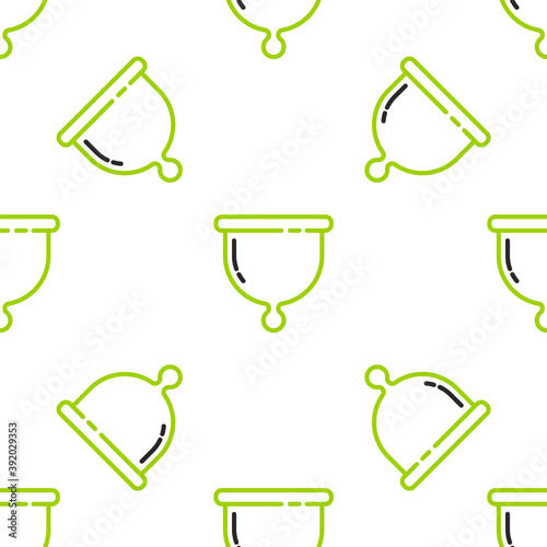 Line Menstrual cup icon isolated seamless pattern on white background. Feminine hygiene. Protection for woman in critical days. Vector.