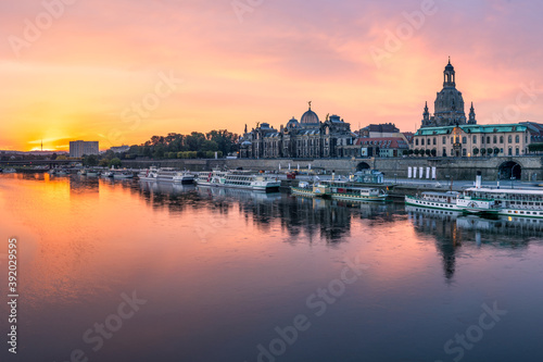 Dresden skyline along the Elbe River at sunrise, Saxony, Germany © eyetronic