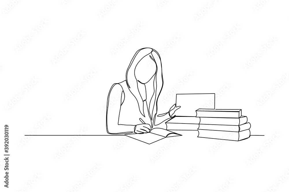 Continuous line drawing of young woman studying and reading with