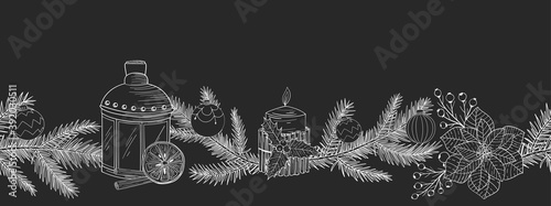 Seamless border of black and white Christmas and New Year decor. Baubles, light bulbs, glass, cinnamon, tree twig, pine cone, orange, candle, candlestick. Isolated vector on black background.