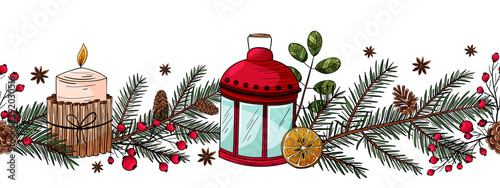 Seamless border of colorful Christmas and New Year decor. Baubles, light bulbs, glass, cinnamon, tree twig, pine cone, orange, candle, candlestick. Isolated vector on white background.