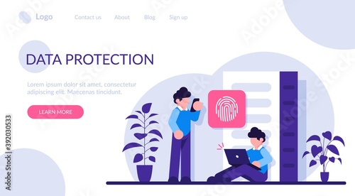 Data protection concept. Database security. Big data storage, big data engineering, data protection, disk infrastructure, business information safety, access policy. Modern flat illustration.