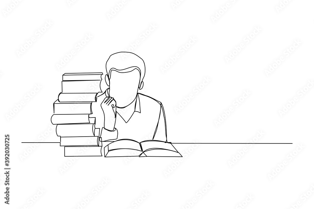 Continuous line drawing of young man studying and reading with stack of books. One line art of education concept. Vector illustration Continuous line drawing of young man studying and reading with stack of books. One line art of education concept. Vector illustration