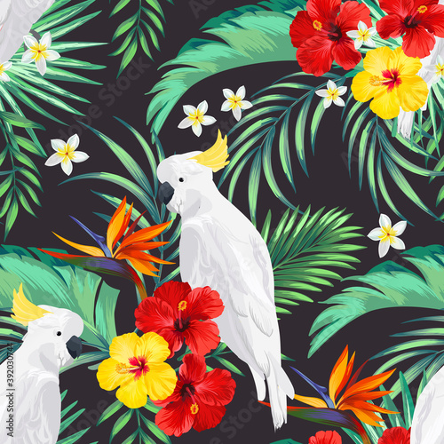 Tropical seamless pattern with bird and exotic flowers. Summer background with hibiscus flowers and palm leaves.
