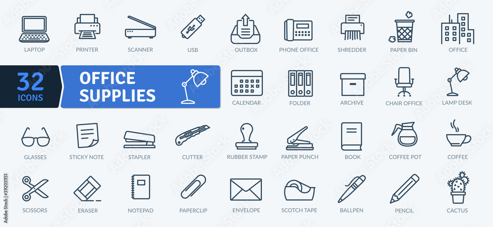 Office Supplies Icons Pack 1. Thin line icons set. Flat icon collection ...