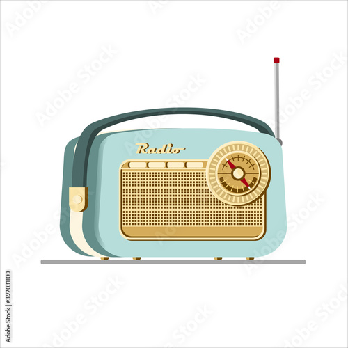 Green old radio tuner. Vector illustration of vintage radio receiver, flat style. Retro radio.