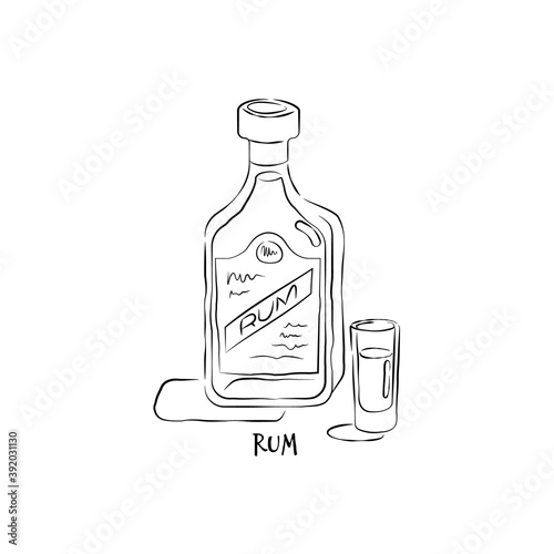 Bottle and glass rum in hand drawn style. Restaurant illustration for celebration design. Retro sketch. Line art. Design element. Beverage outline icon. Isolated on white background