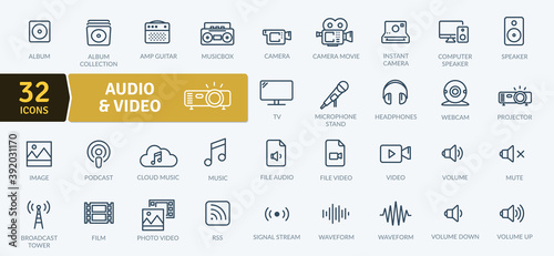 Audio Video Icons Pack. Thin line icons set. Flat icon collection set. Simple vector icons