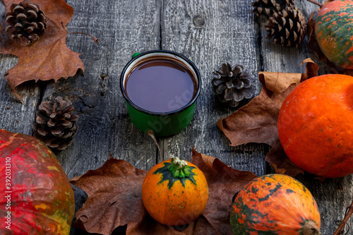 Hot chocolate in rustic Mug against autumn background of pumpkin, fall colorful leaves, fall composition, Thanksgiving, concept. Top view.