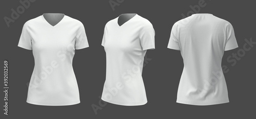 Women's v-neck t-shirt mockup in front, side and back views, design presentation for print, 3d illustration, 3d rendering
