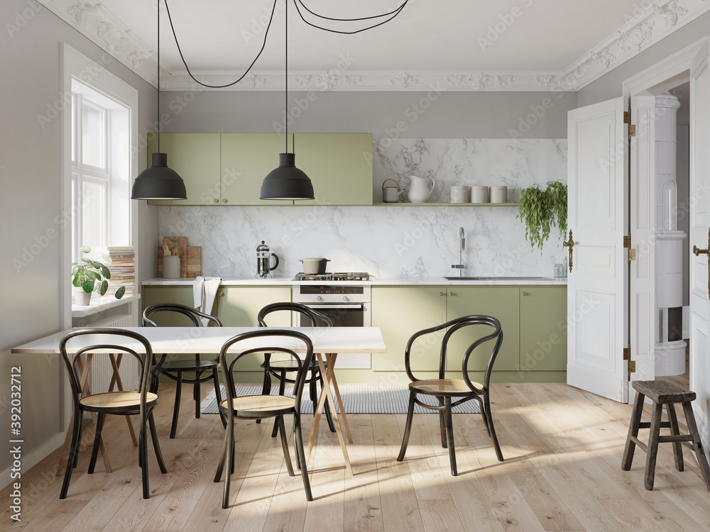 Ilustrace „3d rendering of a pale green a Scandinavian style kitchen with  white marble and a table with black chairs.“ ze služby Stock | Adobe Stock