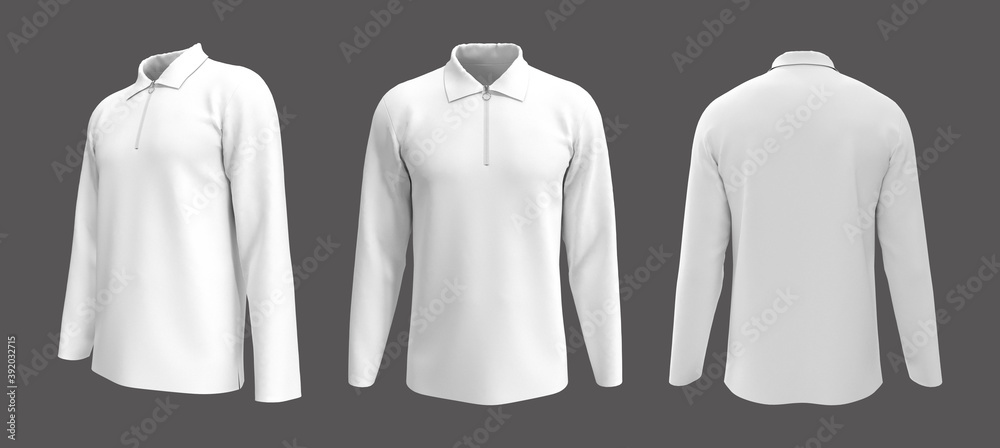 Blank white collared shirt mockup with half zip, front, side and back ...