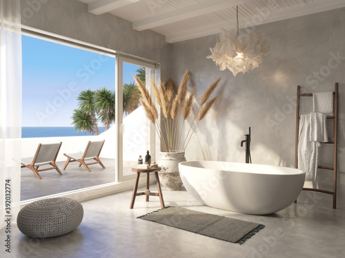 3d Mediterranean Greek island style bathroom with a bathtub and a view to the aegean sea photo