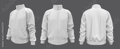 White tracksuit top mockup in front, side and back views,  sportswear, 3d illustration, 3d rendering photo