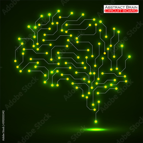 Technological neon brain. Circuit board. Abstract vector background