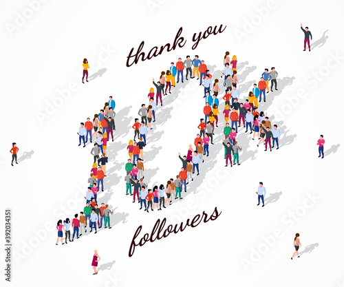 10K Followers. Group of business people are gathered together in the shape of 10000 word, for web page, banner, presentation, social media, Crowd of little people. Teamwork. Vector illustration