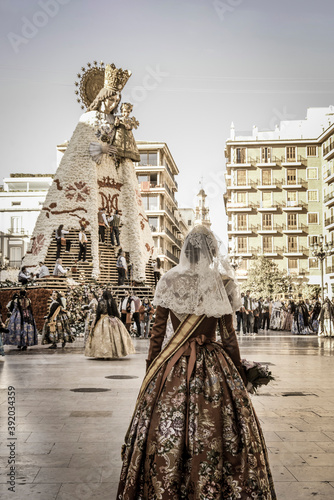 Offering of flowers to the Virgin Mary. Fallas in Valencia. photo