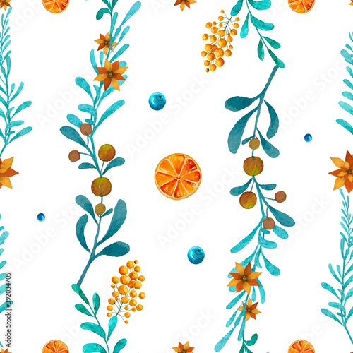 Blue leaves with berries seamless pattern background.