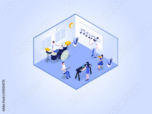 Learning music band isometric vector concept. Electric Guitarists and Drummer Music Concert. Male Artists Playing an Guitar and Drums