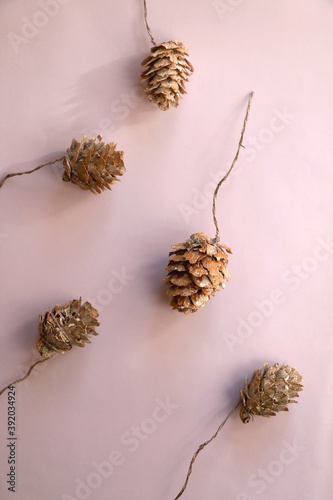 Decorative pine cones on pale pink background. Simple Christmas decorations. Top view.